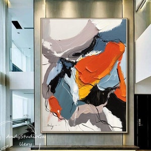 Original Abstract Colorful Oil Painting on Canvas Modern Orange Textured Wall Art Custom Gift Painting Living Room Wall Decor Gray Painting