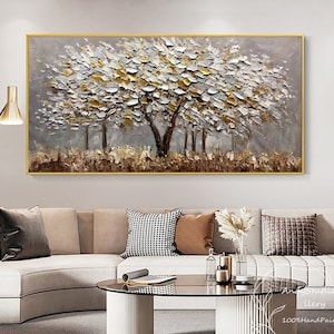 Large Gold Tree Landscape Oil Painting On Canvas Original 3D Textured Nature Forest Wall Art Living Room Wall Art Decor Impasto Gray Art