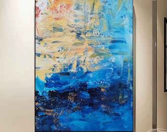 Pintura al óleo abstracta azul grande, lienzo abstracto azul, arte de pared, pintura extragrande de mar azul, arte abstracto de paisaje, decoración de pared para sala de estar