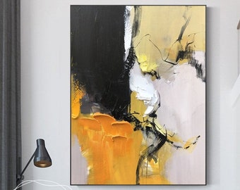 Black and Yellow Abstract Oil Painting on Canvas, Modern Textured Wall Art