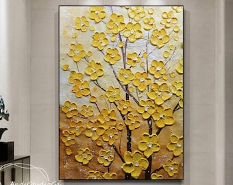 Large Abstract Thick Texture Yellow Floral Oil Painting Abstract Flowers Painting For Living Room Original Yellow Landscape Acrylic Art Gift