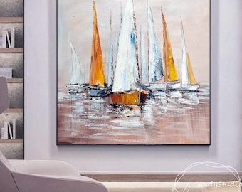Original Sailboat Oil Painting Modern Ocean Wall Art Seascape Painting Sunset Seascape Canvas Wall Art Pink Textured Boating Abstract Art