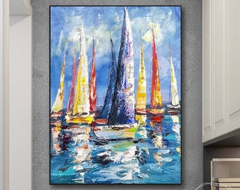 Abstract Sailboat Oil Painting, Nautical Seascape Canvas Wall Art