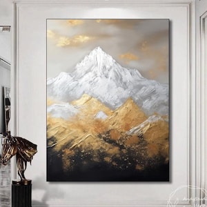 Abstract Snow Mountain Wall Art Extra Large Mountain Frame Wall Art White Snowy Landscape Canvas Painting Gold Mountain Painting on Canvas