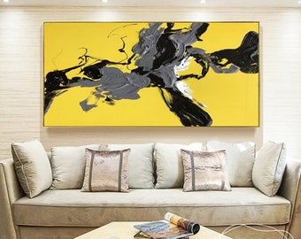 Large Abstract Textured Oil Painting, Yellow and Black Canvas Art