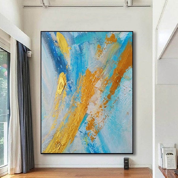 Blaues Blattgold Ölgemälde Original Handgemachte abstrakte Wandkunst Gold Moderne Malerei auf Leinwand große Acryl kunst für Wohnzimmer Günstige Kunst