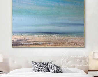 Large Original Sky And Sea Oil Painting Sea Level Blue Oil Painting Beach Texture Painting Abstract Blue Ocean Oil Painting Bedroom Wall Art