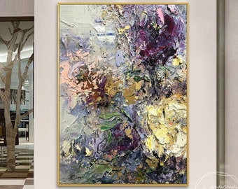 Gran pintura abstracta de peonía, pintura al óleo floral con textura empastada
