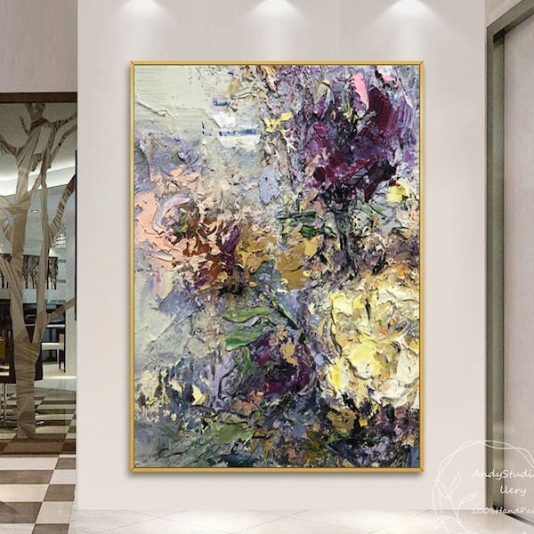 Pintura de peonía colorida abstracta grande Impasto original Peonías con textura Pintura al óleo Paisaje floral Pintura acrílica Arte de pared rosa grande