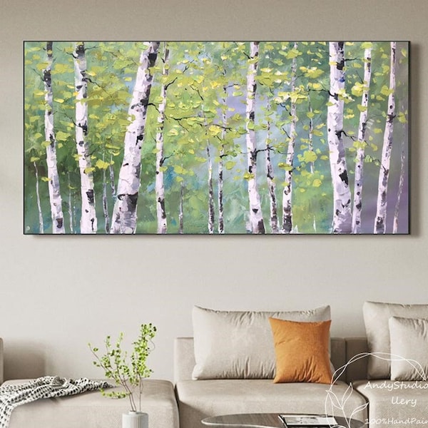 Large Hand Painted Birch Tree Oil Painting Original Aspen Forest Living Room Painting Green Poplar Landscape Canvas Wall Art Knife Painting