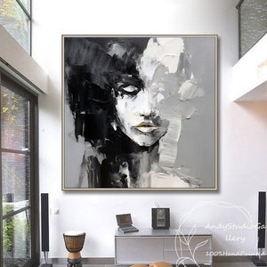 大きな白黒の抽象的な女性の絵画 オリジナルのテクスチャ 女性の顔 壁アート 比喩的なキャンバスアート 抽象的な女性の肖像画 ギフト