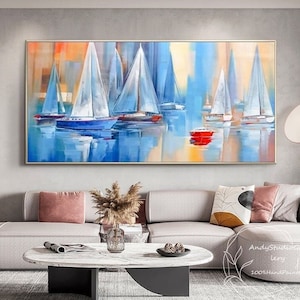 Original Modern Sailboat Landscape Painting Large Abstract Colorful Sailboat Oil Painting Nautical Seascape Wall Art For Living Room Gift