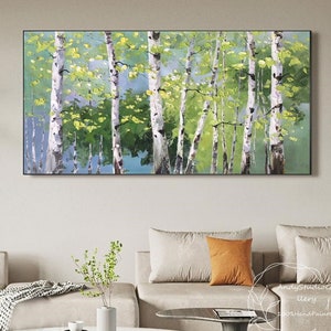 Birch Tree Forest Abstract Painting Spring Silver Birch Landscape Painting On Canvas Original Acrylic Knife Painting Green Poplar Wall Decor