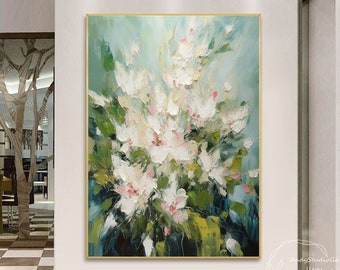 Gran flor abstracta pintura al óleo sobre lienzo blanco 3D pintura floral flor de textura pesada acrílico decoración de la pared sala de estar arte de la pared arte de regalo