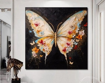 大きな抽象的なカラフルな蝶の油絵 カラフルな蝶の絵画 抽象的な質感の