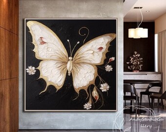 Origineel goud vlinder olieverfschilderij op canvas groot abstract vlinder canvas muur kunst modern getextureerd dier schilderij voor woonkamer cadeau