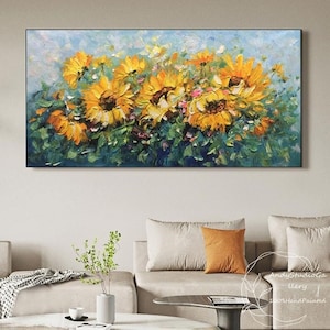 Large Heavy Textured Sunflower Painting On Canvas Hand Painted Sunflower Landscape Wall Decor Blooming Flowers Painting Bedroom Wall Art