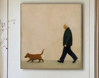 Original Old Man With Dog Oil Painting Brown Wabi-Sabi Wall Art Textured Hand Painted Canvas Neutral Minimalist Wall Art for Living Room