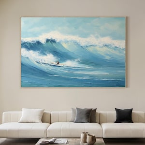 Large Ocean Painting On Canvas Blue Sea Textured Oil Painting Coastal Wall Art 3D Seascape Home Decor Beach Landscape Wall Art Surfing Art