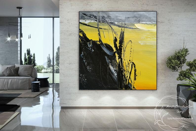 Extra Large Abstract Painting Black And Yellow Wall Art Modern Etsy