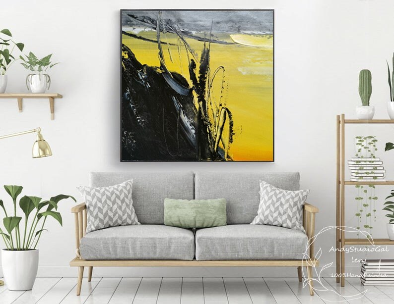 Extra Large Abstract Painting Black And Yellow Wall Art Modern Etsy