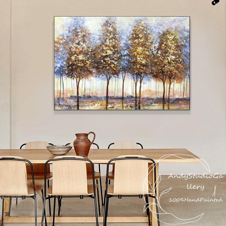 Large Golden Textured Tree Oil Painting Large Original Abstract Gold Leaf Tree Painting Forest Acrylic Knife Painting Contemporary Wall Art