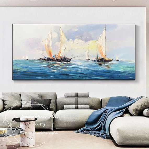Large Original Sailboats Painting Vintage Sailing Oil Painting Large Nautical Sailboat Wall Art Blue Abstract Sea Painting Ocean Texture Art