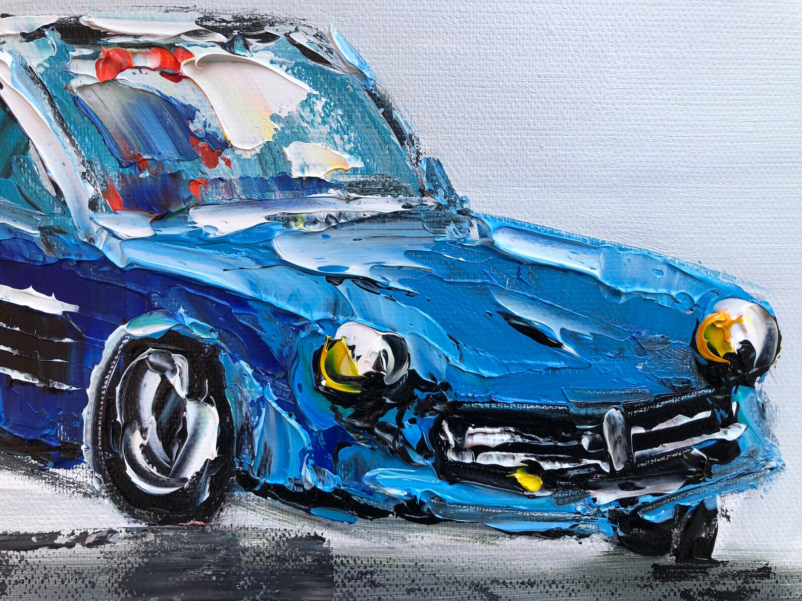 Large sports car oil painting on canvasbluevintage Etsy