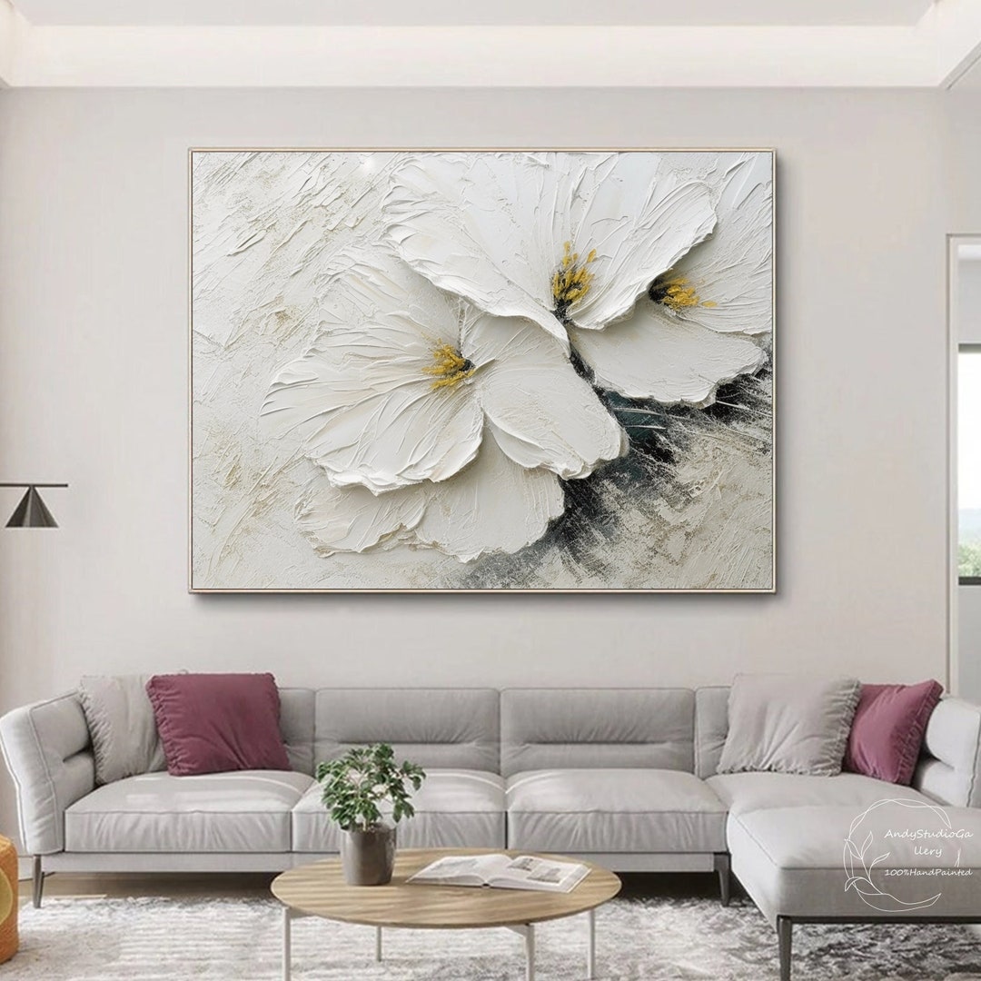 3D White Flower Oil Painting on Canvas Original Modern White Flower
