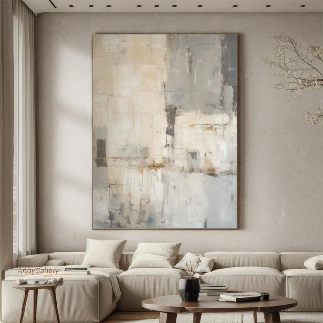 Large Gray Beige Abstract Wall Art Beige Wabi Sabi Textured Painting ...