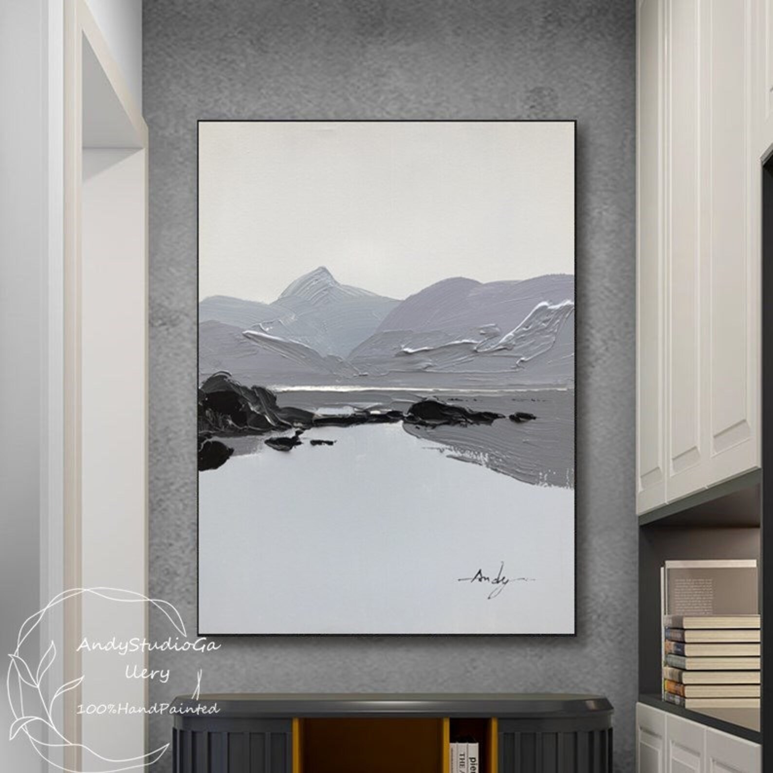 Large Landscape Painting Mountains Landscape Wall Art Gray Minimalist ...