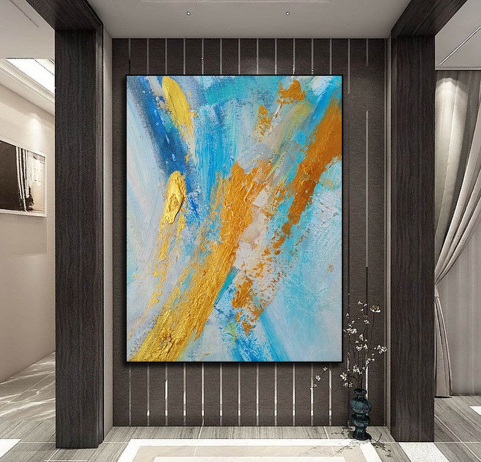 Blue Gold Leaf Oil Painting Original Handmade Abstract Wall Art Gold ...