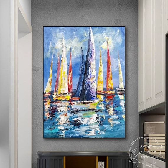 Quadro Astratto Africano Barca A Vela Su Tela - Stampa Moderna 40x60cm Senza Cornice