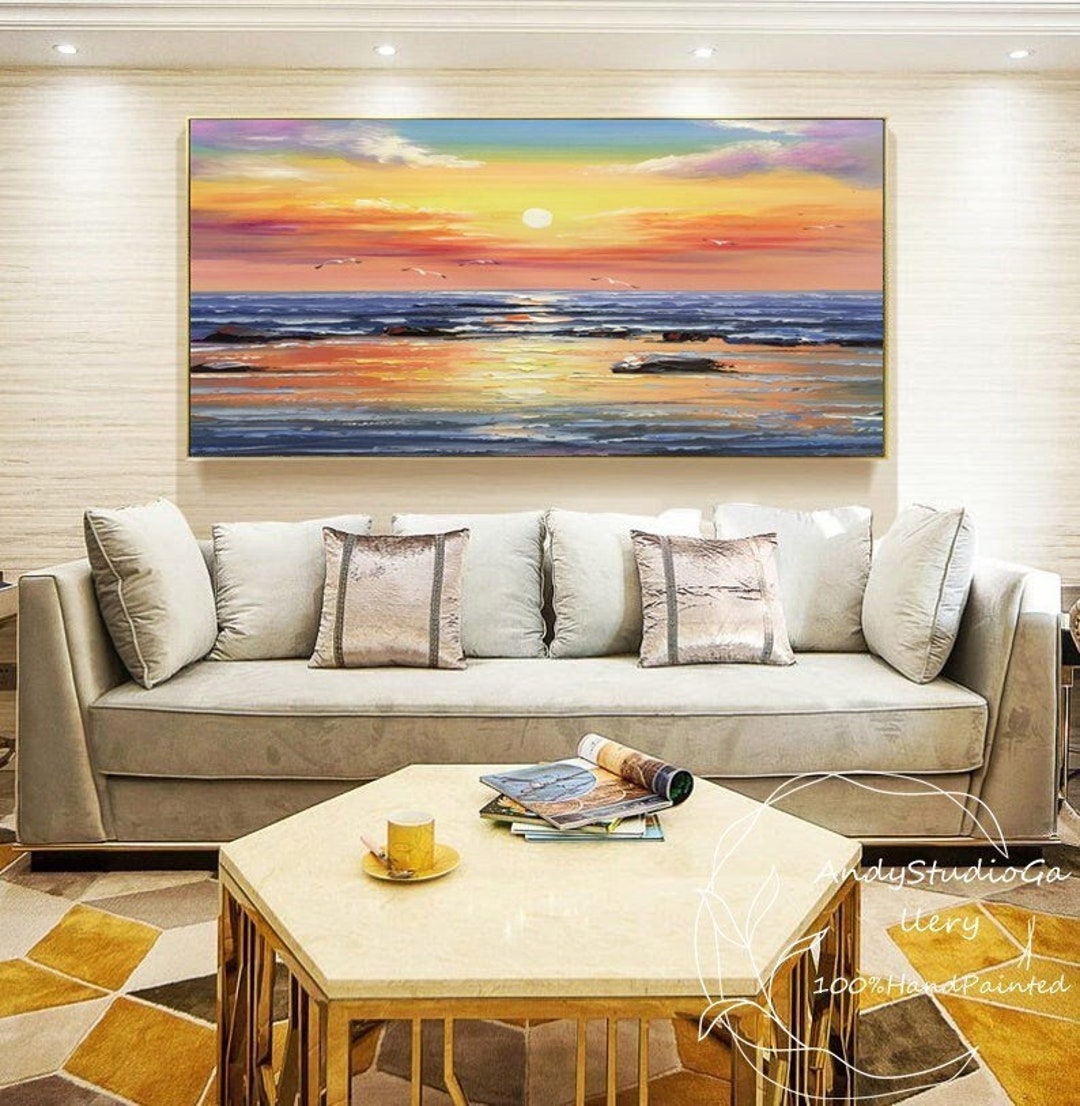 Large Colorful Sunset Painting on Canvas Oversize Sea Oil Painting Sky