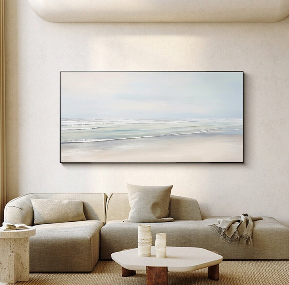 Beach Ocean Wave Texture Artwork Coastal Sunrise Seascape Oil Painting Modern Minimalist Living Room Decor Art Horizontal 3D Sea Painting