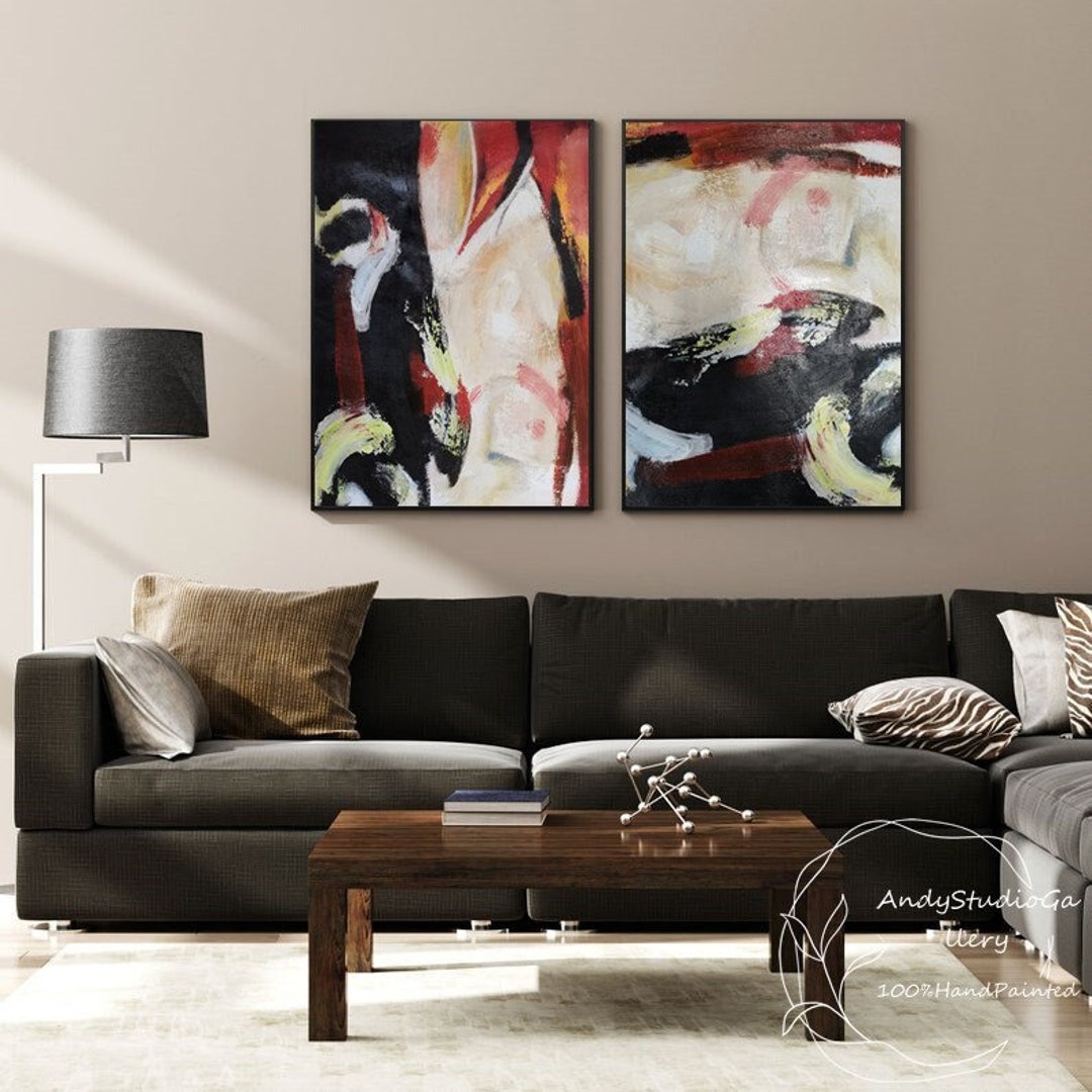 Large Red Abstract Oil Painting on Canvas Original Painting Black