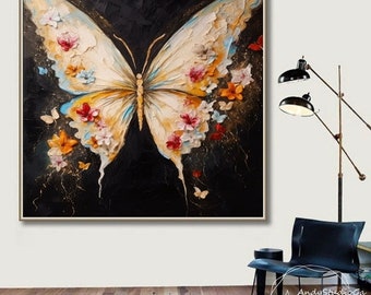 大きな抽象的なカラフルな蝶の油絵 カラフルな蝶の絵画 抽象的な質感の