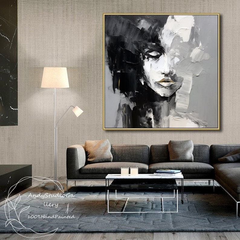 Large Black and White Abstract Lady Painting Original Texture Woman ...