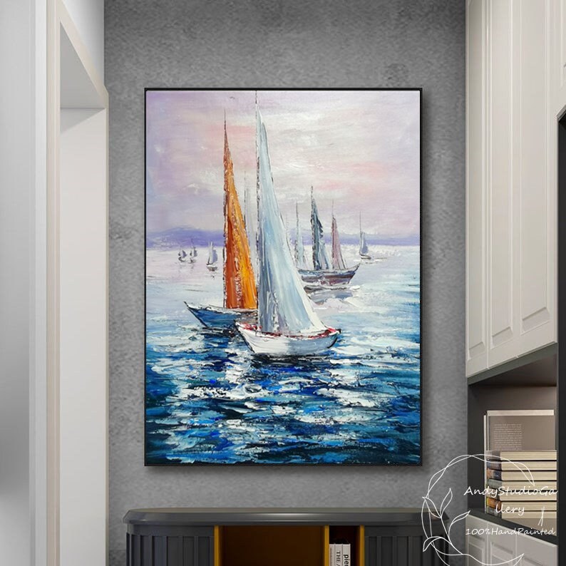 Quadro Su Tela Barca A Vela Oceano Blu – 85x170 Cm Senza Cornice, Stampa Fine Art Nautica, Decorazione Murale Per Soggiorno E Ufficio