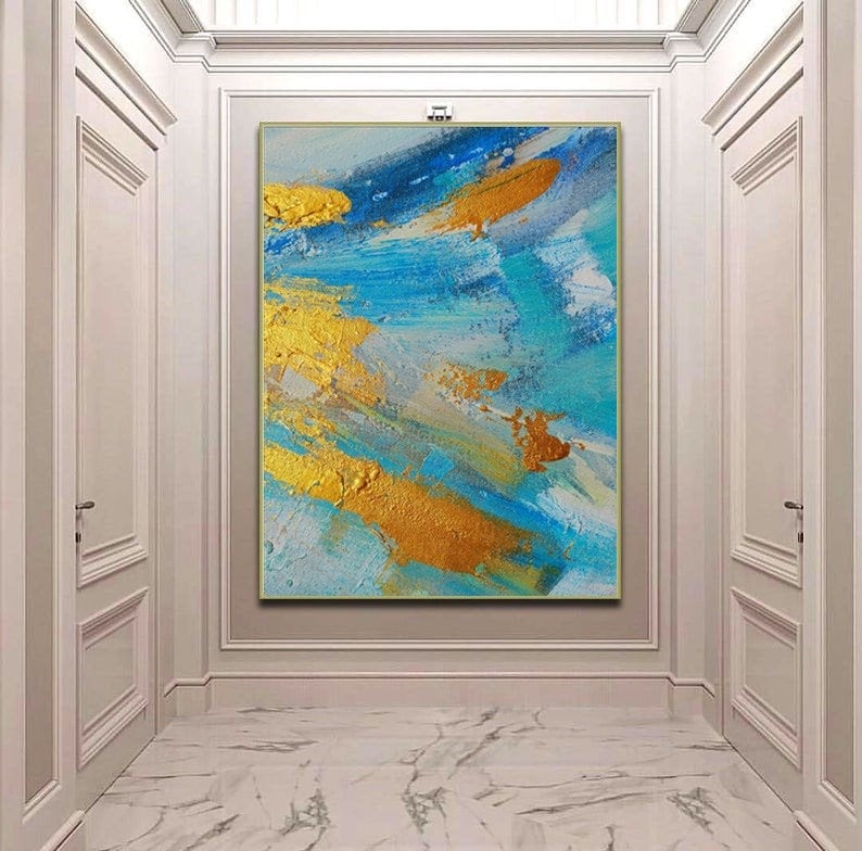 Large Abstract Golden Oil Painting Abstract Canvas Blue White Colors Extra Wall Art Modern Gold Leaf Vibrant Canvas Wall Art Home D\u00e9cor
