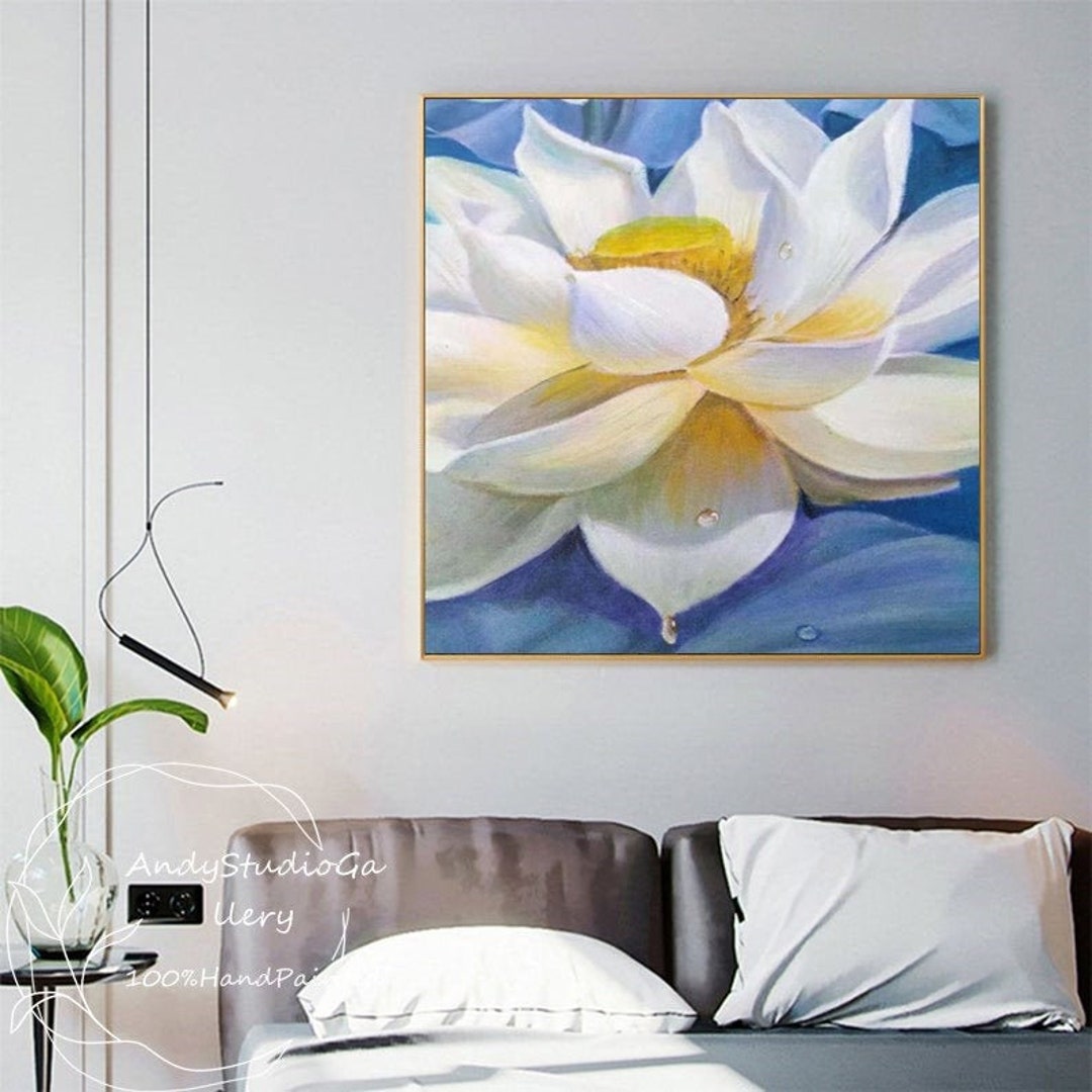 Original Lotus Oil Painting White Blooming Lotus Painting on Canvas ...