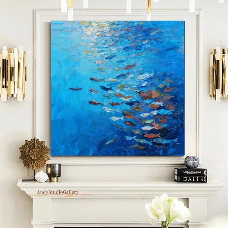 特大オリジナル魚群油絵 海洋インパスト 3Dテクスチャ壁装飾 魚の群れ
