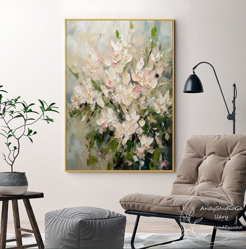 3D White Abstract Texture Floral Wall Art White and Pink Flower Oil ...