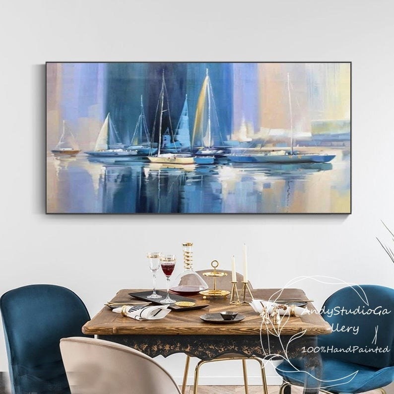 Quadro Astratto Su Tela Con Barca A Vela | Dipinto Colorato Paesaggio Marino 75x150 Cm | Senza Cornice Per Decorazione Moderna