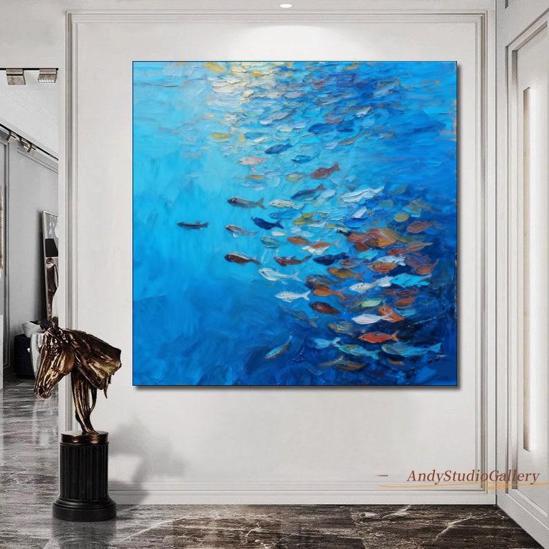 特大オリジナル魚群油絵 海洋インパスト 3Dテクスチャ壁装飾 魚の群れ