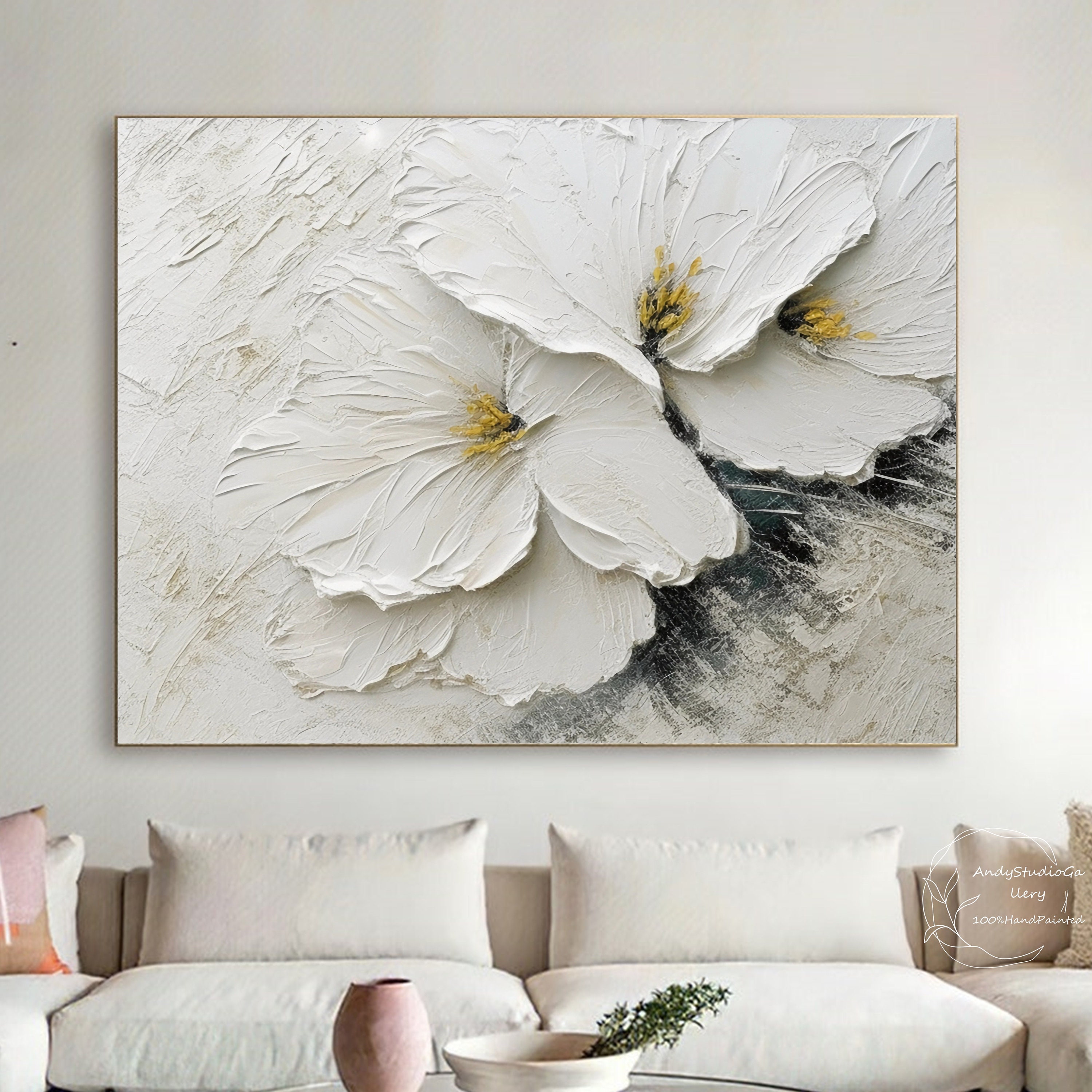 3D White Flower Oil Painting on Canvas Original Modern White Flower ...