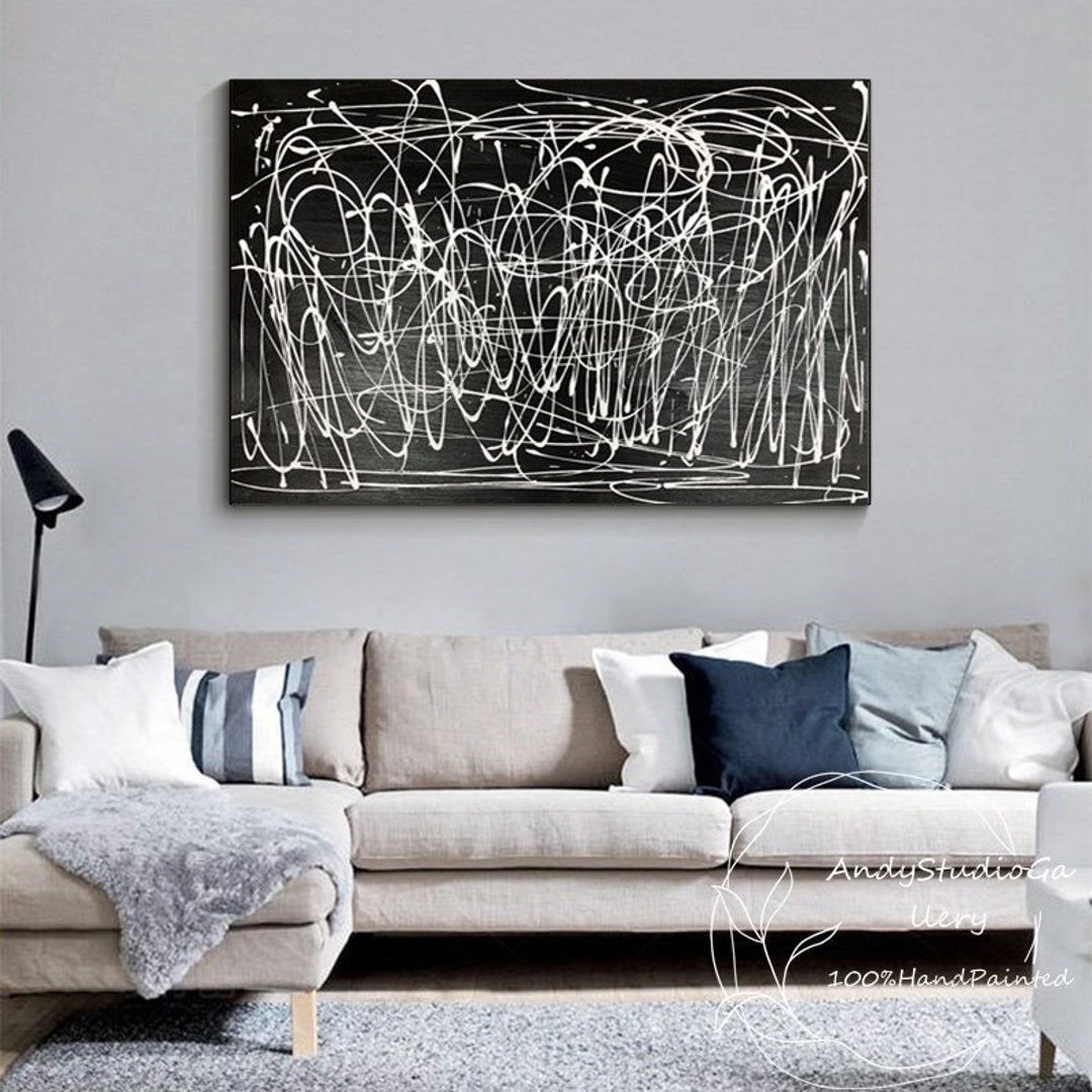 Black and White Wall Art Large Black and White Painting White Line Painting Black Abstract Art