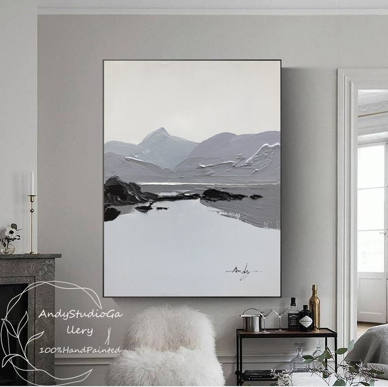 Large Landscape Painting Mountains Landscape Wall Art Gray Minimalist ...