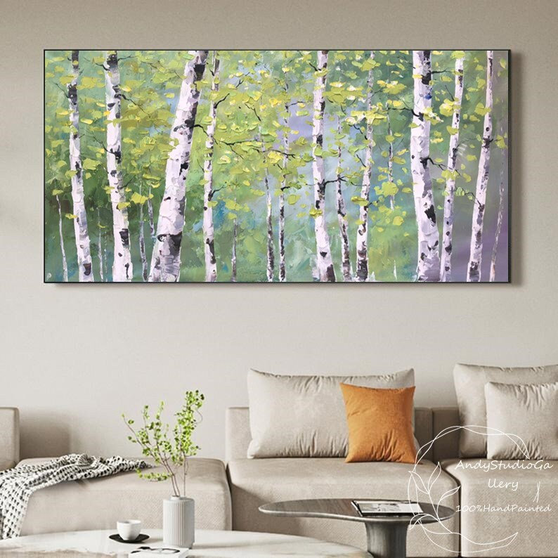 Large Hand Painted Birch Tree Oil Painting Original Aspen Forest Living Room Painting Green Poplar Landscape Canvas Wall Art Knife Painting