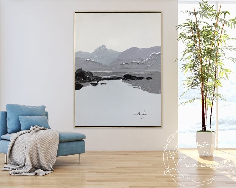 Large Landscape Painting Mountains Landscape Wall Art Gray Minimalist ...